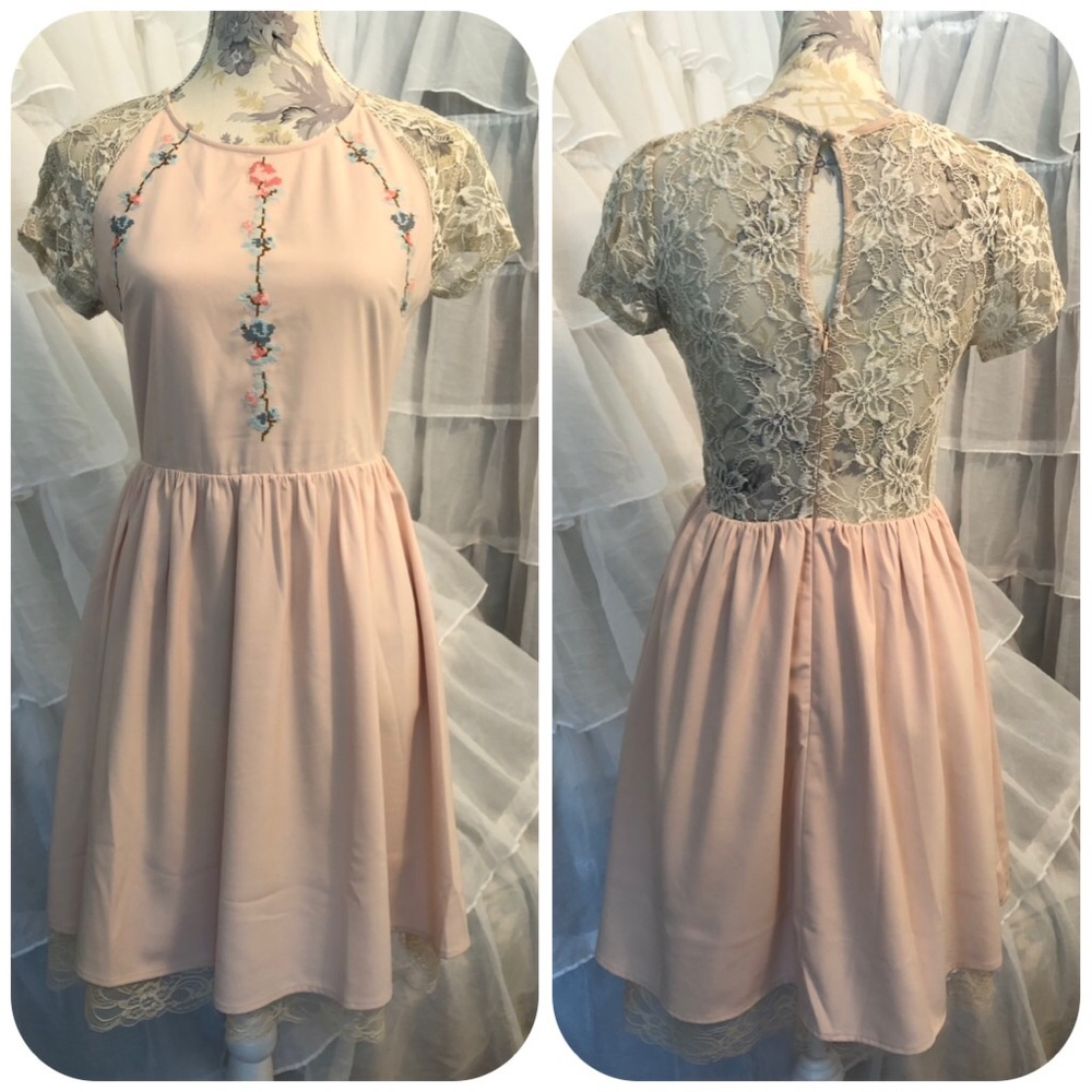 Modcloth Fervour Cross Stitch Blush Pink and Lace Dress